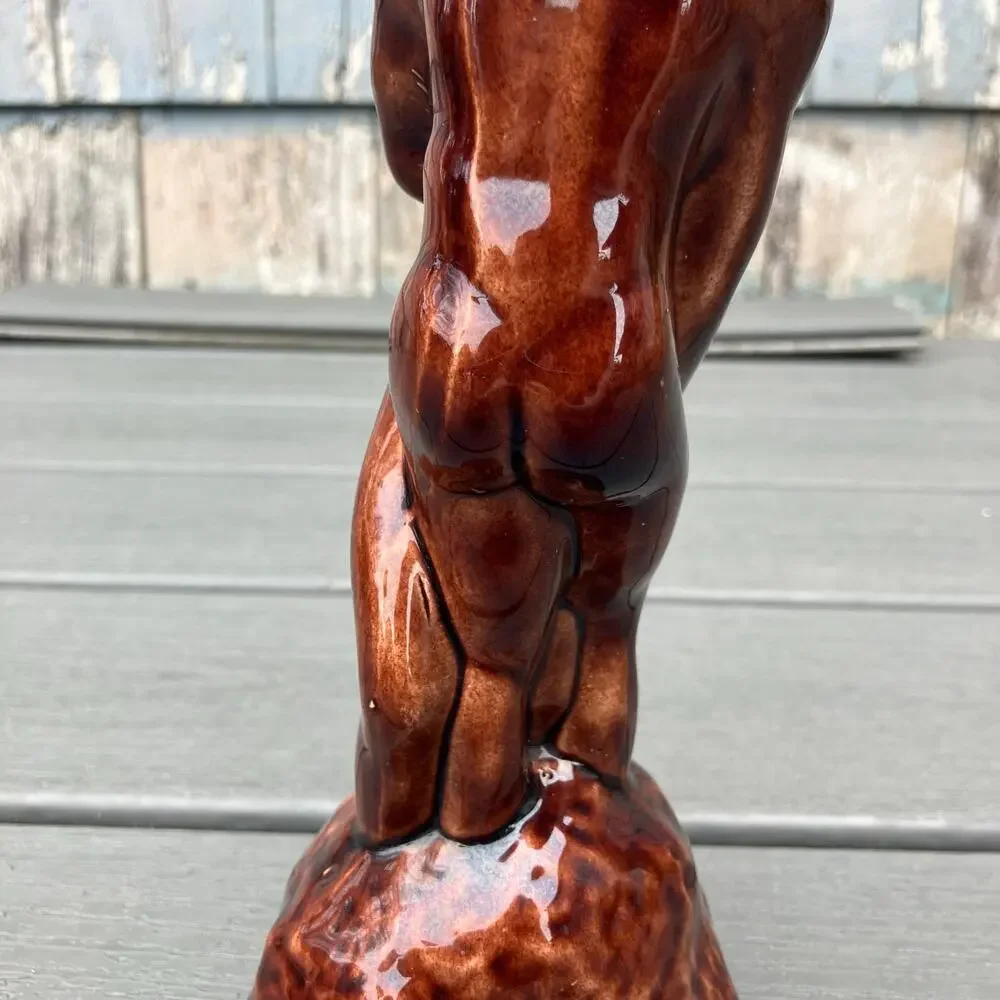 Vintage embracing nude couple brown ceramic statue, romantic bohemian art